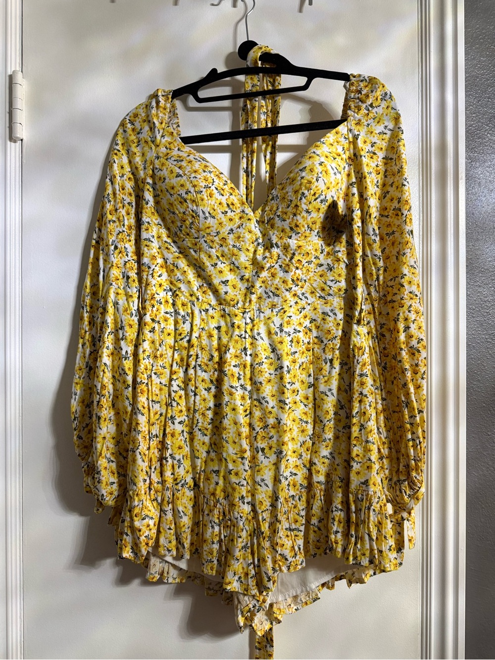 Hot Miami Styles Yellow Floral Romper with Long Puff Sleeves